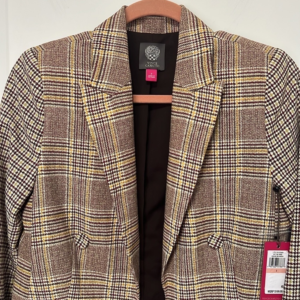 NWT Vince Camuto Women’s Long Double Breasted Blazer Brown Plaid size 2 - Picture 4 of 9